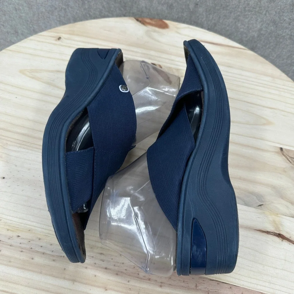 Bzees Desire Navy Blue Stretch Fabric Cross Strap Wedge Sandals 9.5 Slip On Shoe
